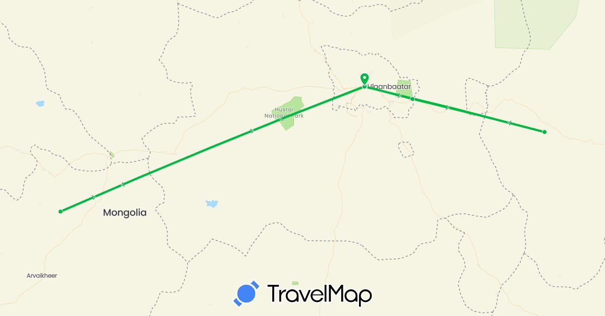 TravelMap itinerary: bus in Mongolia (Asia)